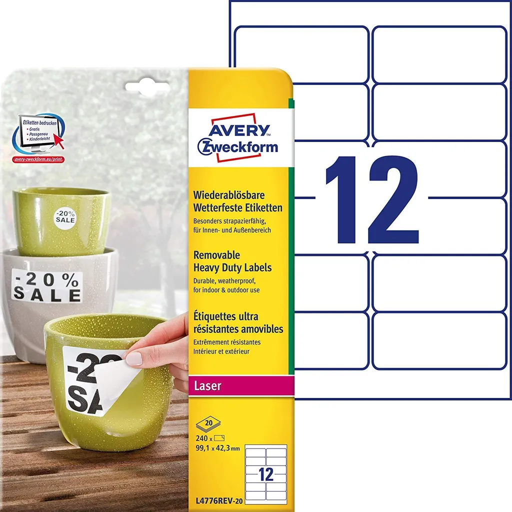Set 240 Etichette Avery L4776REV-20 Rimovibili Outdoor Bianco