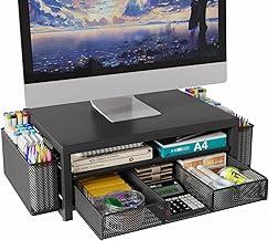 BOKIOVIN Metall Monitor Ständer Erhöhung mit Schublade und 2 Stifthaltern, Laptop PC Erhöhung für Schreibtisch, 2 Etagen Schreibtisch Büro Zub...
