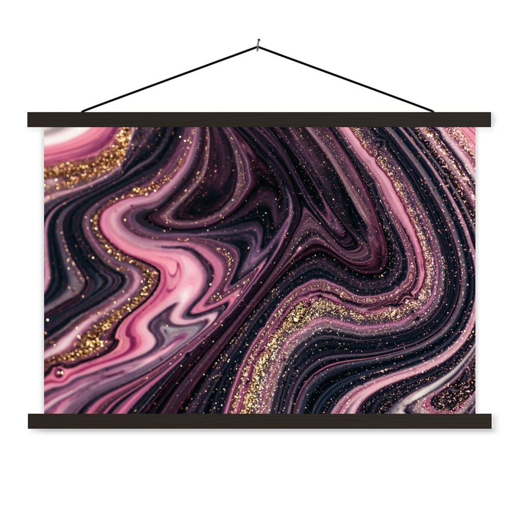 MuchoWow Textilposter Marmoroptik - Rosa - Lila - Gold - Luxus - Marmor 90x60 cm mit schwarzem Rahmen - Aufhängungssatz