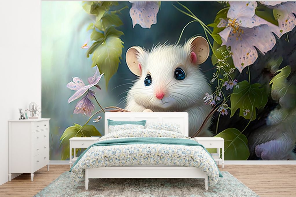 MuchoWow Fototapete für Wohnzimmer oder Schlafzimmer Wandtapete Vinyl Motivtapete Maus - Wald - Blumen - Illustration - Waldtiere - 400x300 cm -...