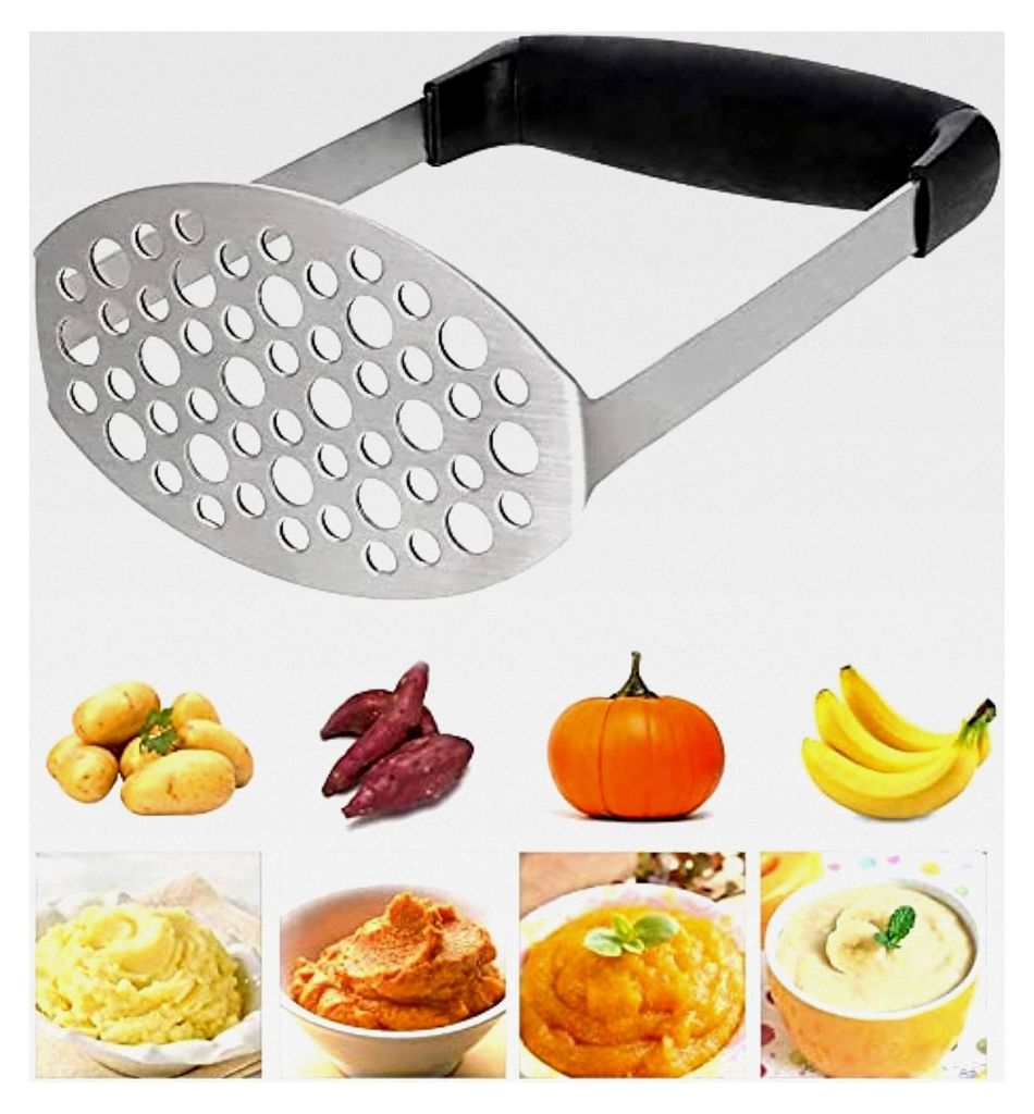 Kartoffelstampfer aus Edelstahl, Gemüsestampfer für Kartoffelpüree, spülmaschinengeeignet (Schwarz, 12 × 7 × 17 cm)