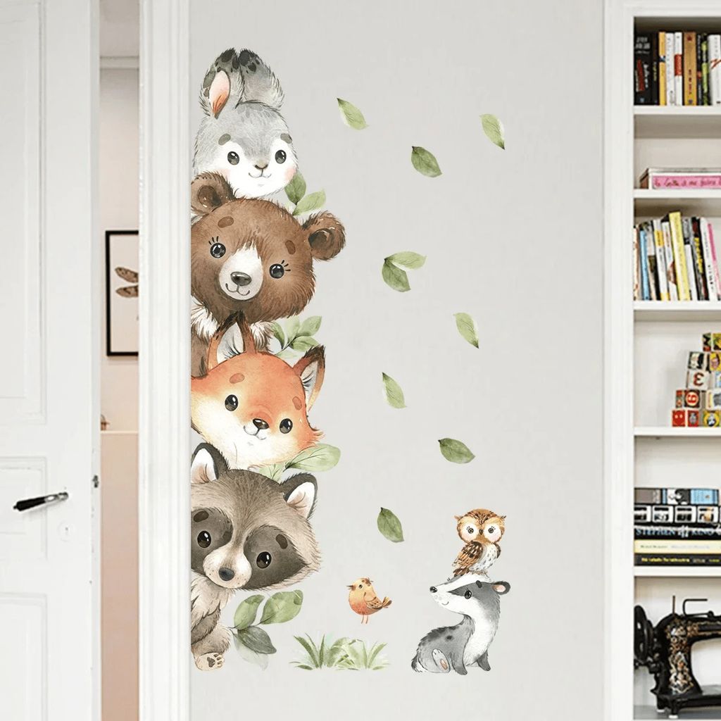 Wandtattoo mit Waldtieren für Kinderzimmer,mit gestapelten sitzenden kleinen Bär, Fuchs, Blätter , Wandaufkleber,Wandsticker