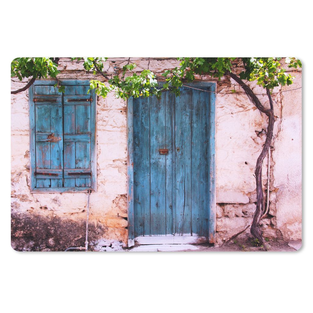 MuchoWow Schreibtischunterlage Vintage - Tür - Haus - Blau - Baum 60x40 cm - XXL Mauspad - Großes Mauspad