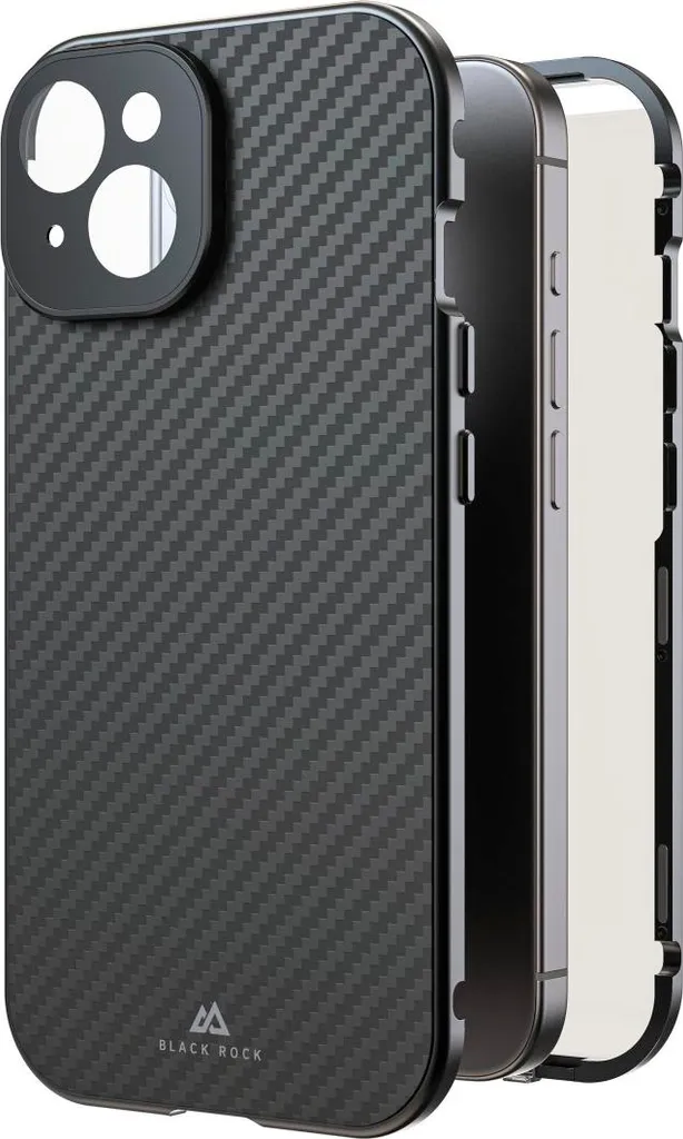 Coque intégrale Black Rock Cover 360° Glass pour iPhone 15 carbone