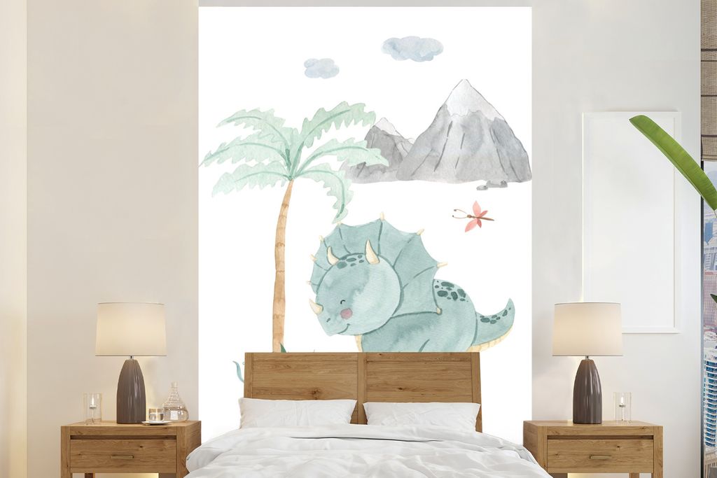 MuchoWow Fototapete für Wohnzimmer oder Schlafzimmer Wandtapete Vinyl Motivtapete Kinderzimmer - Dinosaurier - Baum - Kinder - Kind - 160x240 cm...