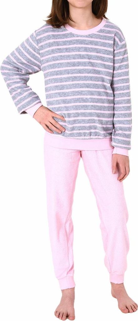 Mädchen Frottee Pyjama langarm mit Bündchen Schlafanzug mit Herz - Motiv - 65498 ; grau , 122
