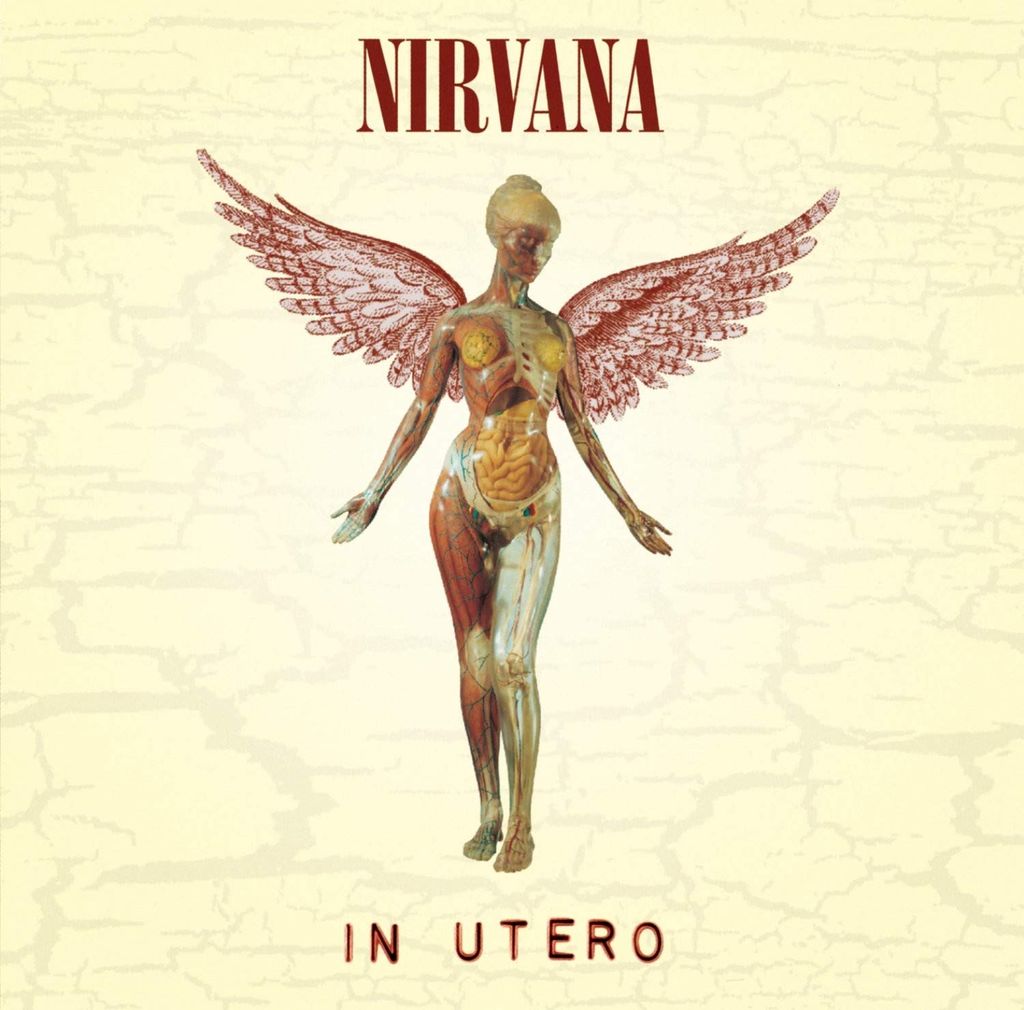 Album cover art for Nirvana's "In Utero" featuring an anatomical drawing of a winged figure.