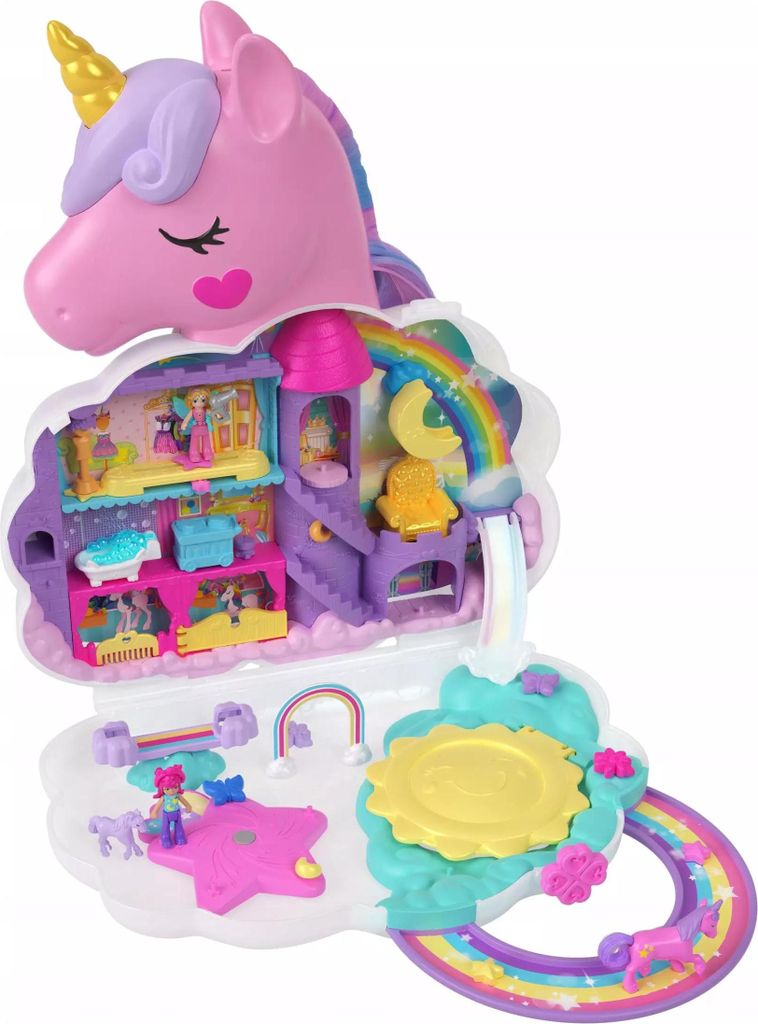 A Polly Pocket unicorn-themed playset is displayed against a white background.