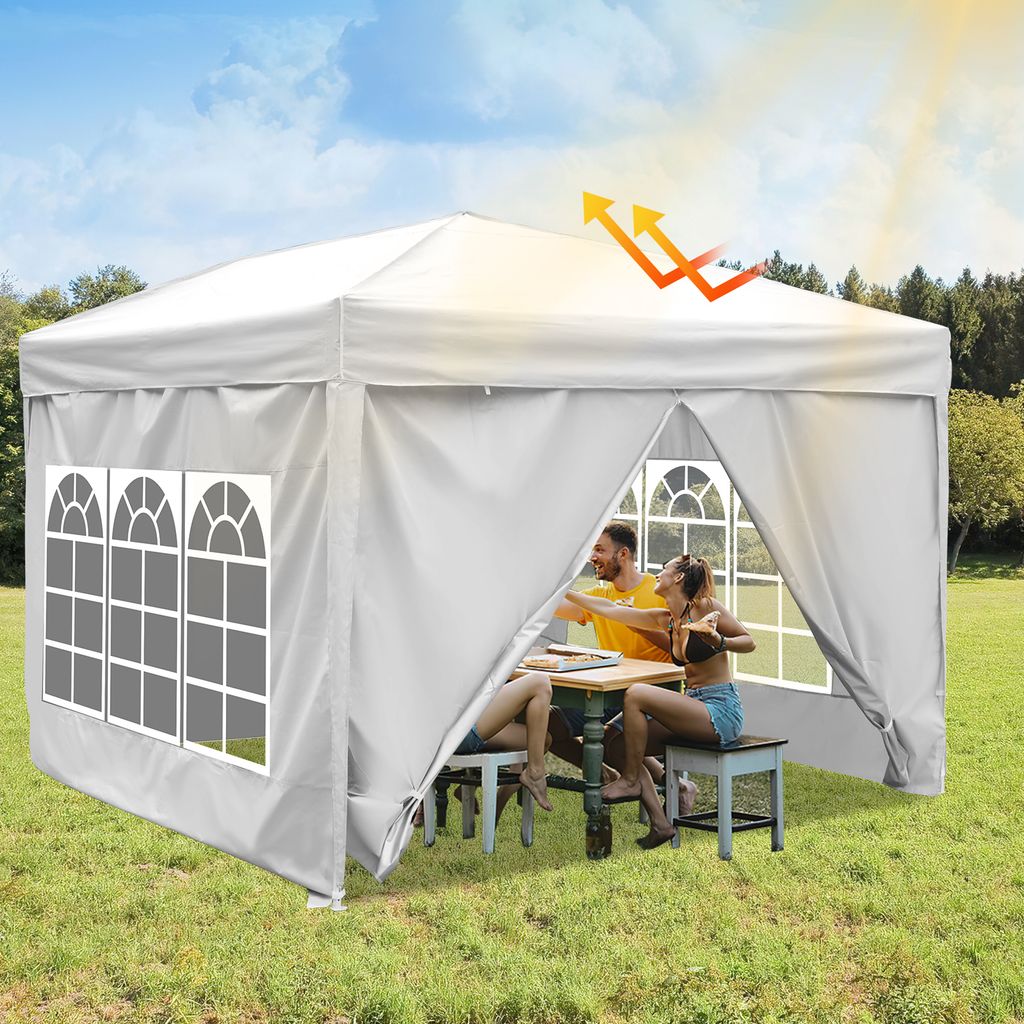 Clanmacy Faltpavillon 3 x 3m Pavillon Faltbar Gartenzelt, UV-Schutz 50+ Pavillons & Partyzelte Festzelt mit 4 Seiten weiß