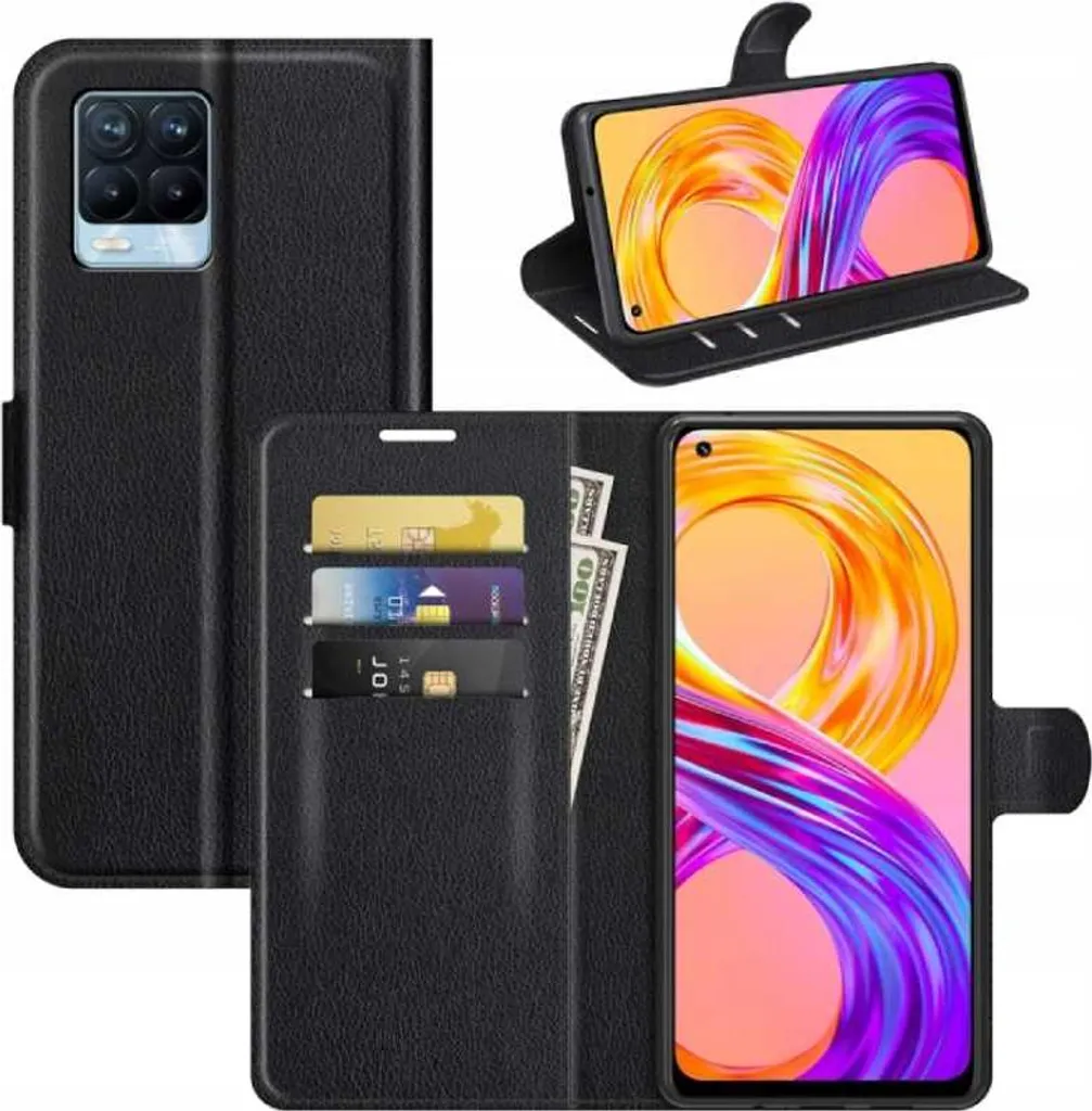 Cover Realme 8 Pro Professionale: Portafoglio Slim Ecopelle Nera