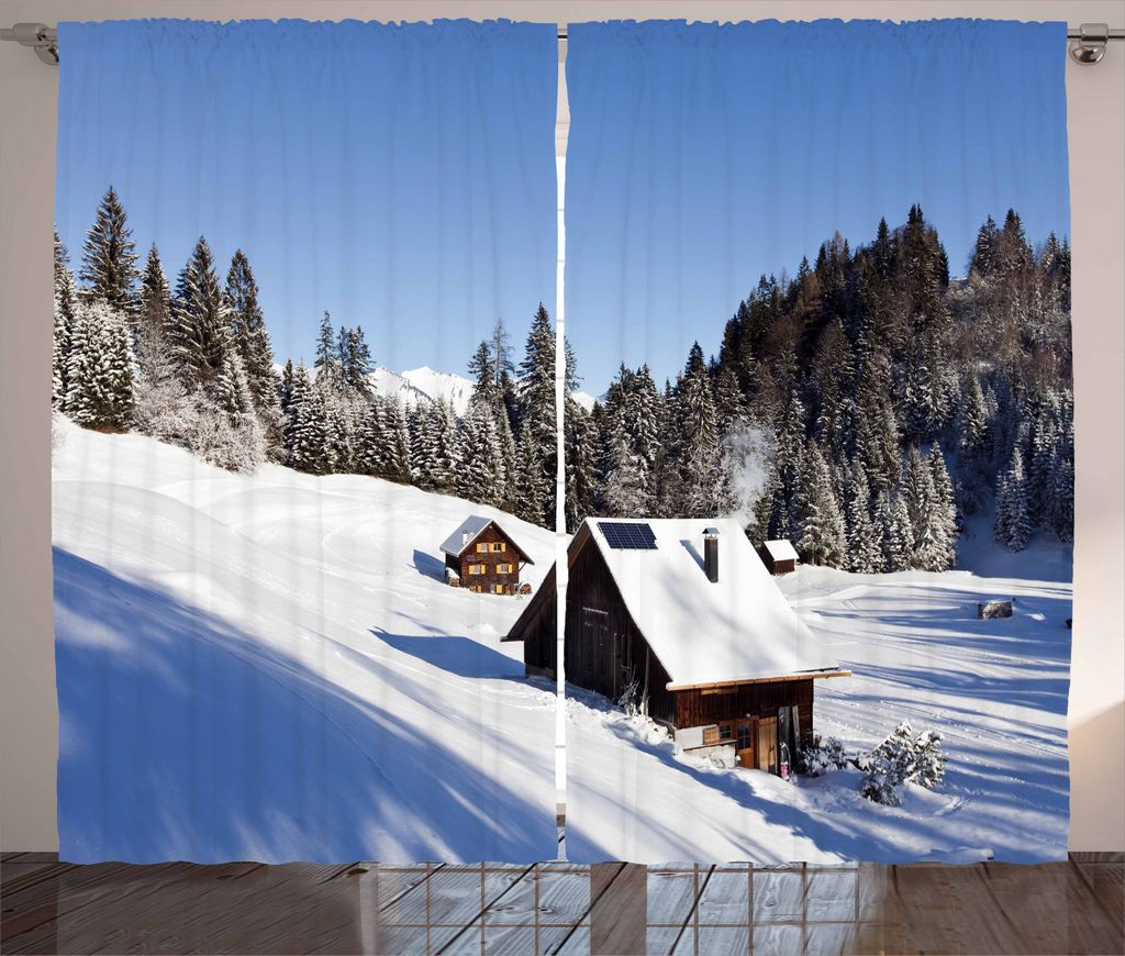 ABAKUHAUS Winter Rustikaler Vorhang, Log Cabins in den Bergen, Wohnzimmer Universalband Gardinen mit Schlaufen und Haken, 280 x 245 cm, Braun Weiß...