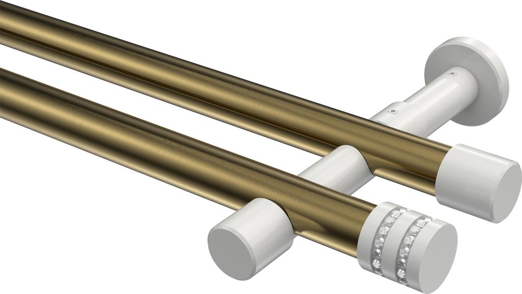 Interdeco Gardinenstange / Vorhangstange Messing Antik / Weiß, Typ Prestige Estana (Glitzerkappe) ohne Ringe, 20 mm Ø 2-läufig, 480 cm