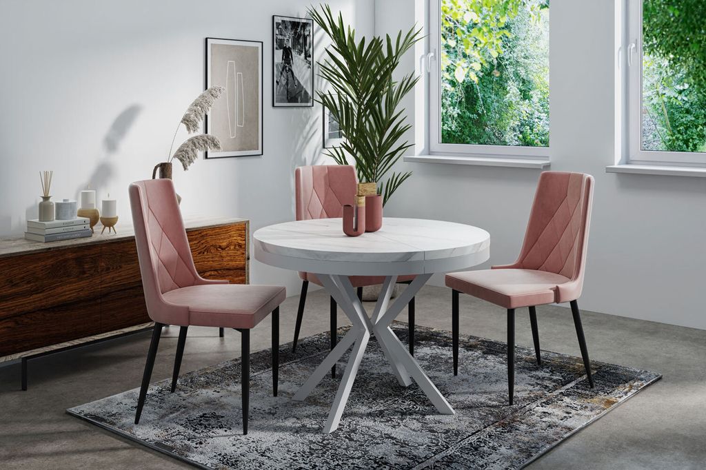 Runder Ausziehbarer Esstisch in Weißer Marmoroptik - Loft Style Tisch mit Weißen Metallbeinen - 120 bis 200 cm - Industrieller Tisch für Wohnzim...