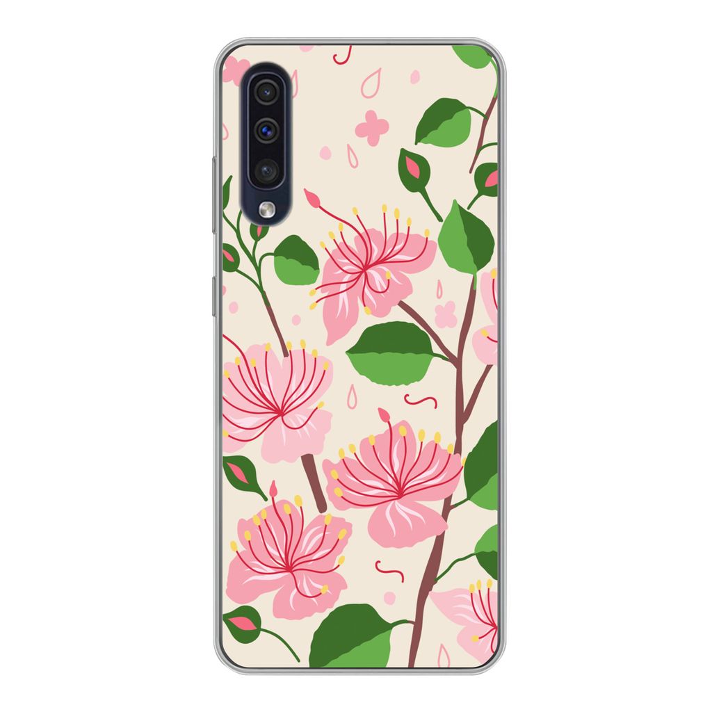 MuchoWow Handyhülle Schutzhülle Hülle für Samsung Galaxy A30s Blume - Rosa - Blatt - Muster Silikon Softcase Handy Hülle - Karteninhaber