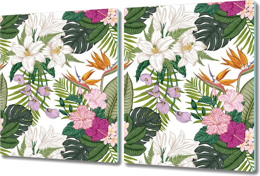 Herd-Abdeckplatte Glas Schneidebrett Ceranfeld-Abdeckung - 2x 40x52 cm - Exotische Blumen