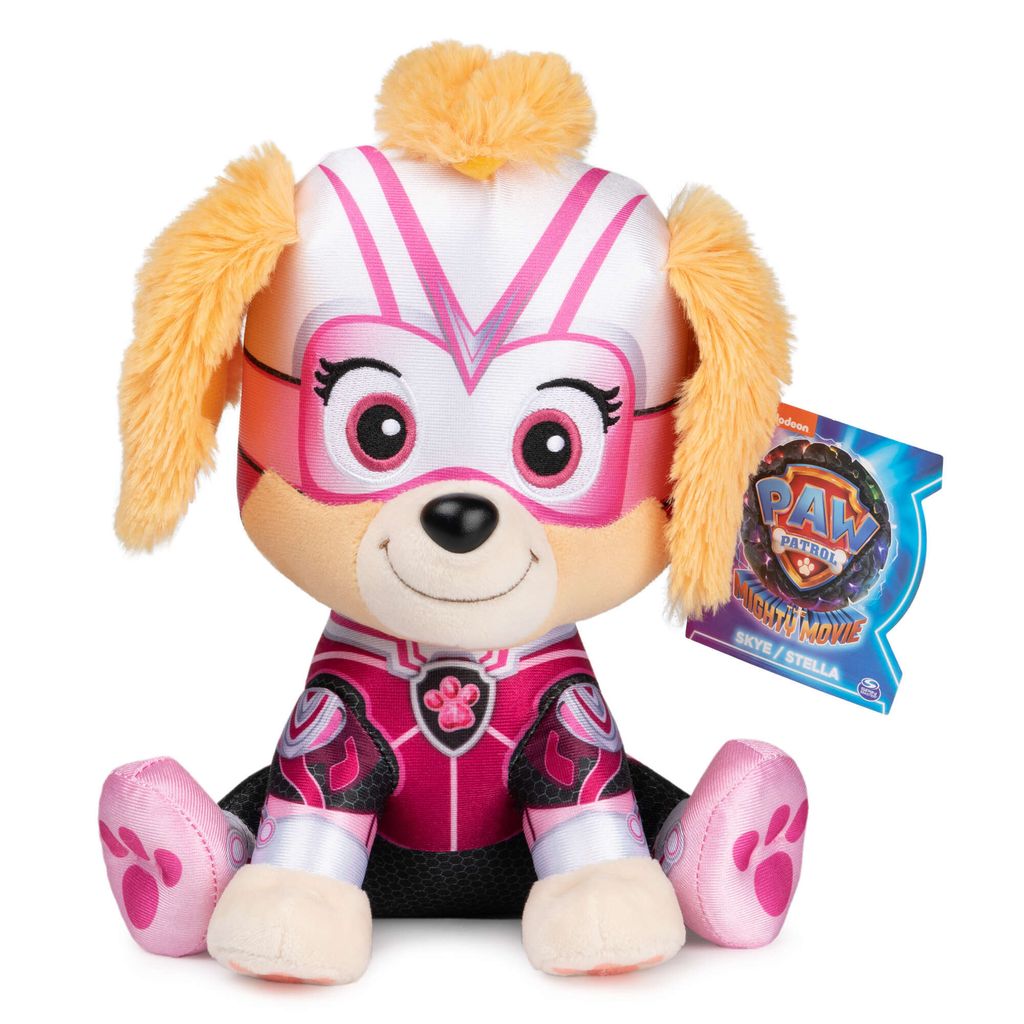 A plush toy of the character Skye from Paw Patrol: The Mighty Movie, sitting down.