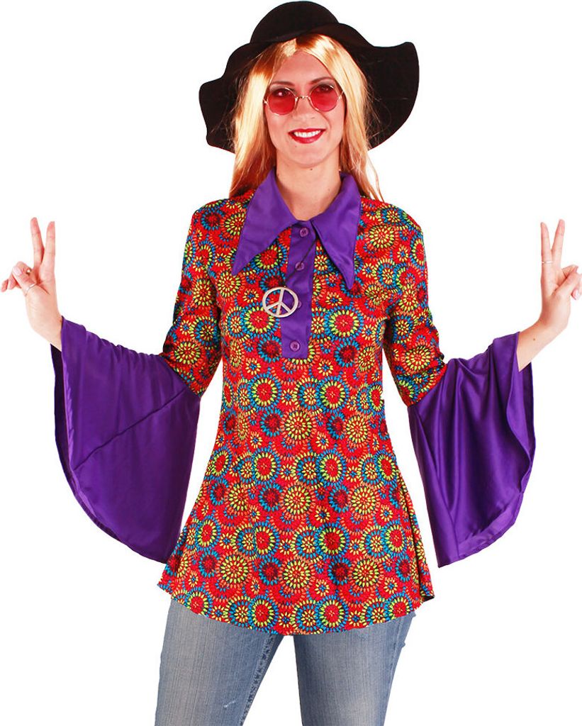 Flower Power Kostüm Damen Hippie-Hemd Größe: 36-38