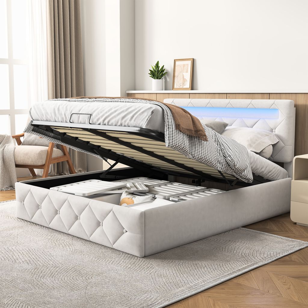 Bett (140 x 200 cm) mit LED-Beleuchtung, Lattenrost, großem Stauraum, beige