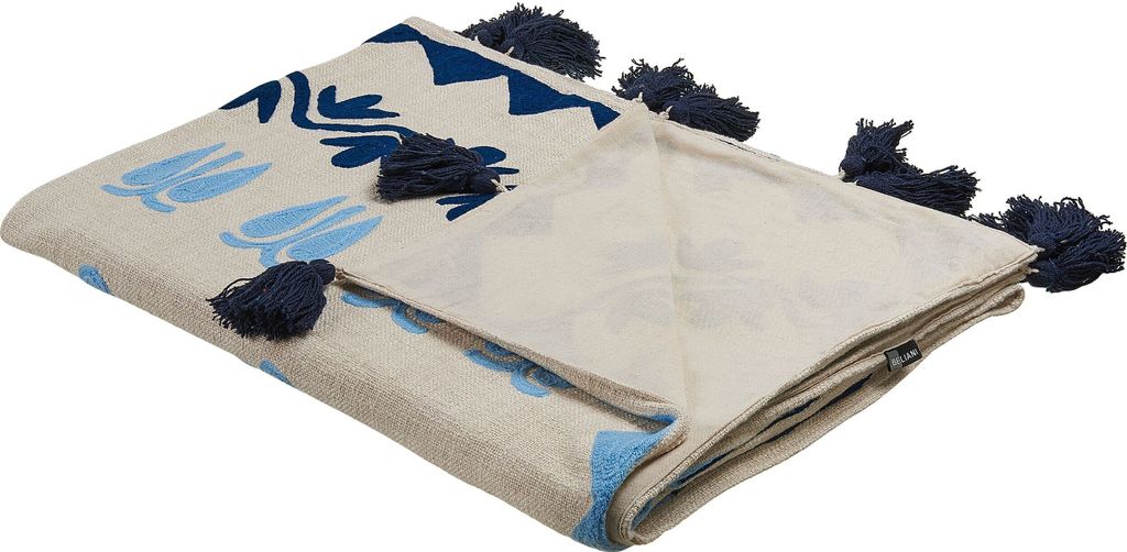 BELIANI Kuscheldecke Beige und Blau Baumwolle 130 x 180 cm Handgefertigt mit Blumenmuster Quasten für Bett Sofa Couch Sessel Wohnzimmer Schlafzimmer