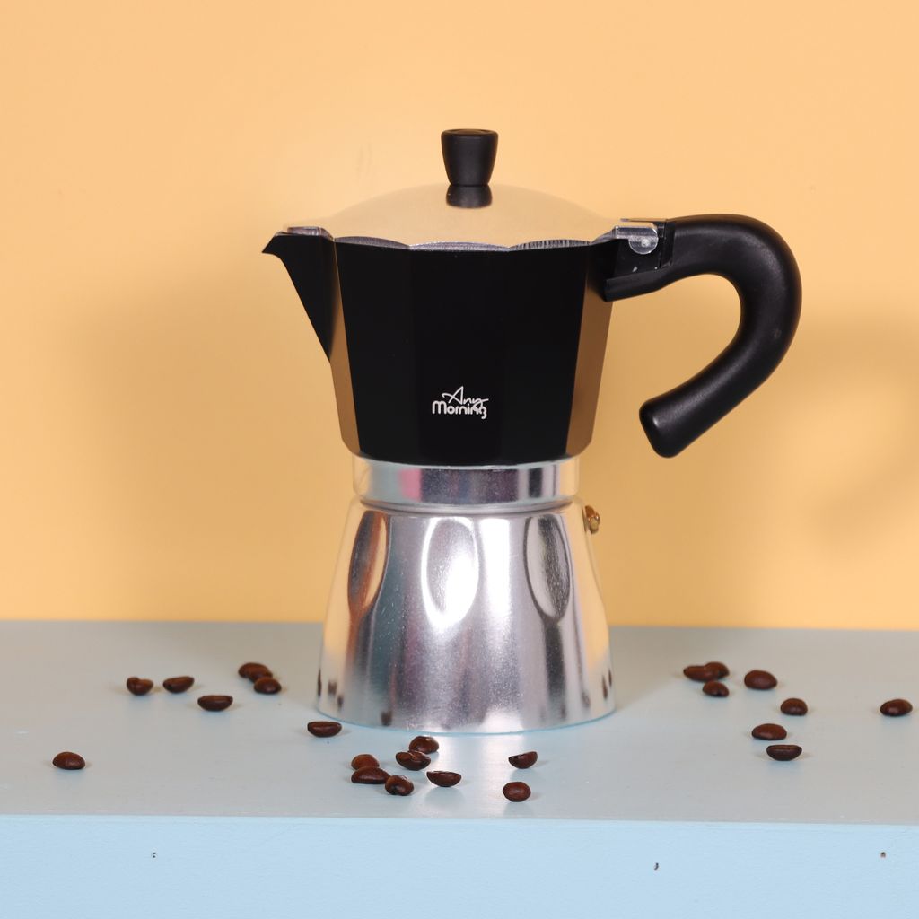 Any Morning Espressokocher 240 ml, 6 Tassen, Aluminium Moka Pot, italienische Kaffeemaschine für den Herd, Schwarz