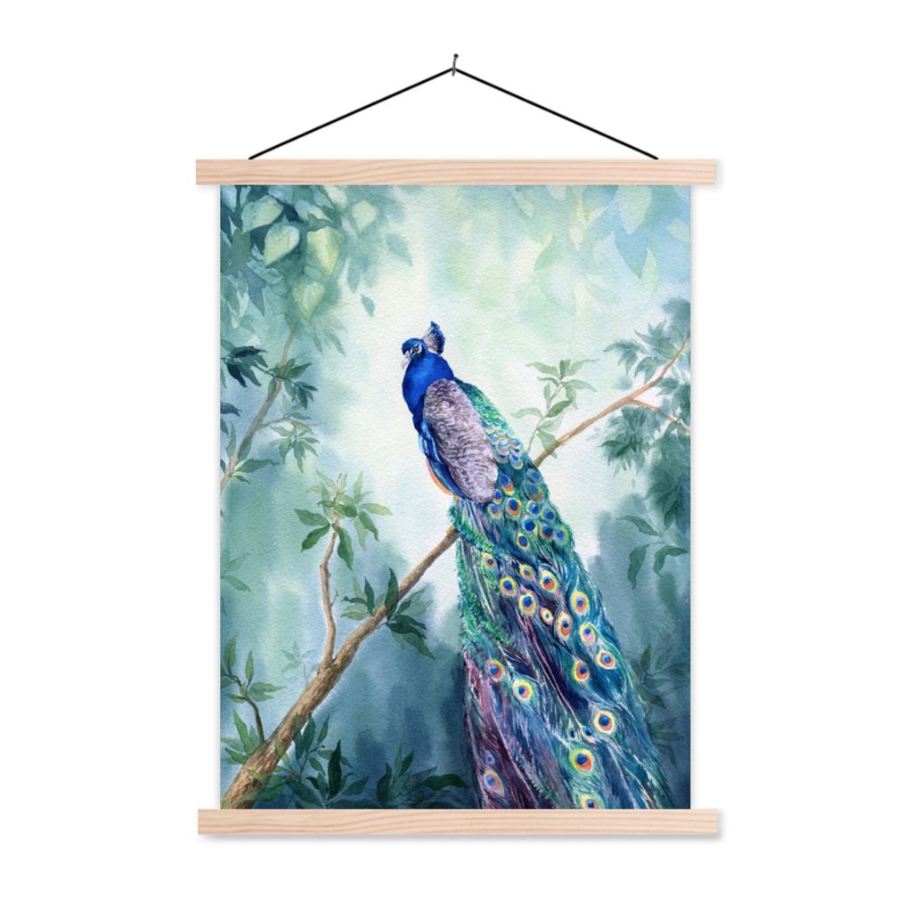 MuchoWow Textilposter Pfau - Pfauenfedern - Grün - Tiere 120x160 cm mit holzfarbenen Rahmen - Plakatkarton