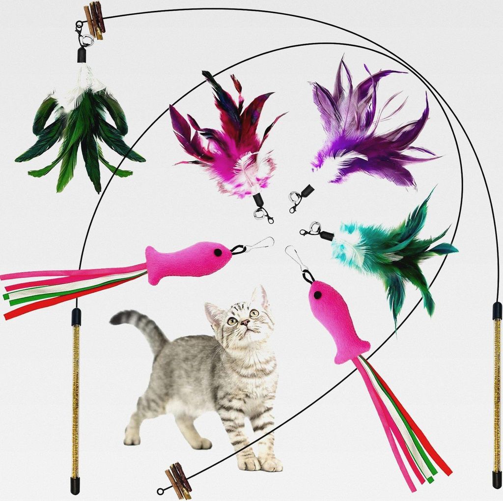 Katzenspielzeug, 8 Stück KatzenSpielzeug Teaser mit 2 Stangen, katzenspielzeug Selbstbeschäftigung mit Fish, Natürlich Interaktives Katzenspielz...