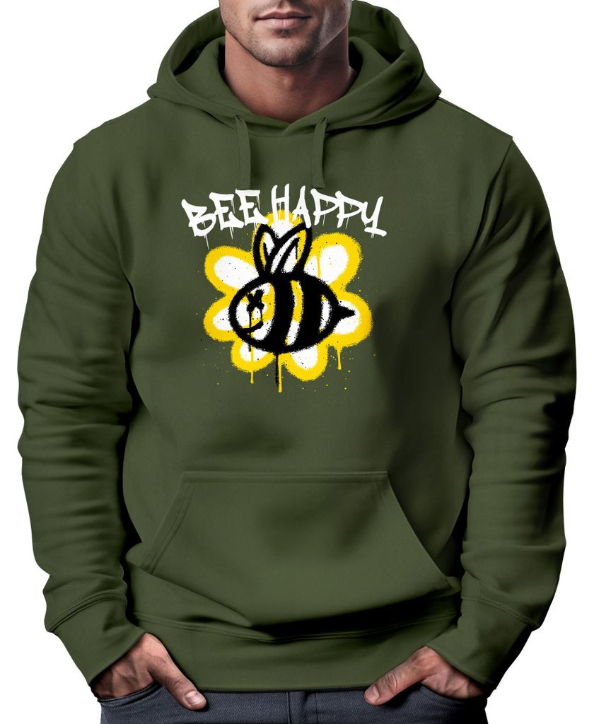 Hoodie Herren Aufdruck Bee Happy Biene Blume Graffiti Schriftzug Fashion Streetstyle Neverless oliv XXL