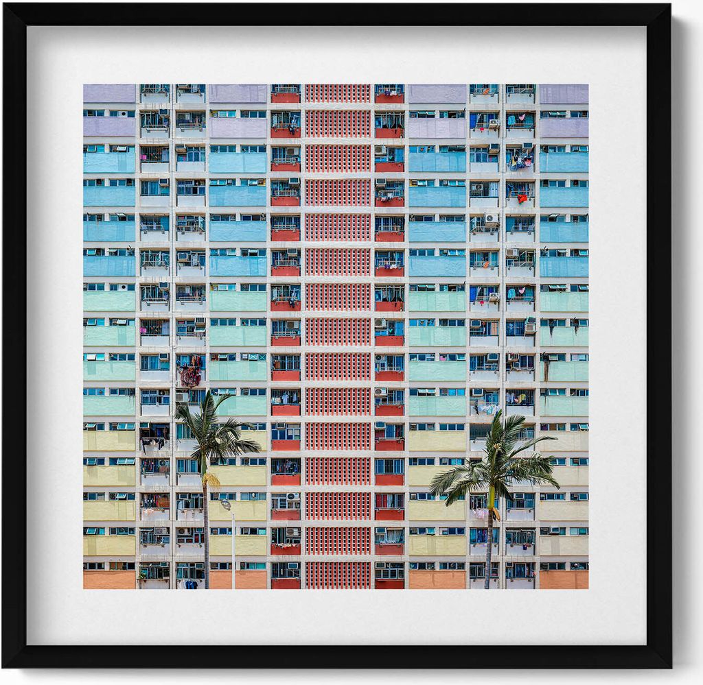 Buntes Gebäude Hongkong– Wandbild mit Rahmen – Gerahmtes Bild – Wanddekoration – 50x50 cm – Schwarz Rahmen