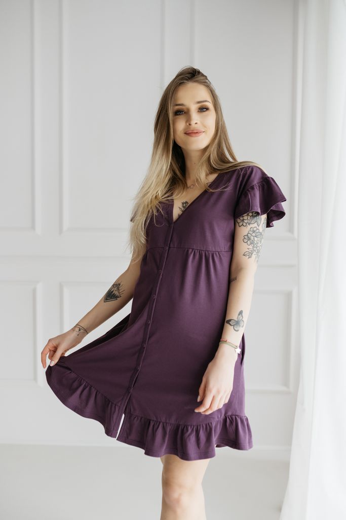 DOLCE SONNO Stillnachthemd Damen Kurzarm Baumwolle Mutterschaft Nachthemd Umstandskleid Umstandsnachthemd für Schwangere oder Stille - ARICA PURPLE S