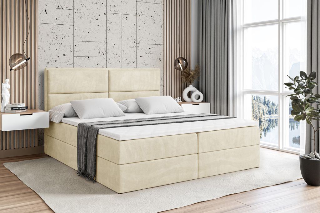 ALTDECOR Boxspringbett mit H3 Matratze und Topper - 160 x 200 cm - AURA - Beige Samt - Polsterbett mit Bettkasten und Lattenrost, Bett mit Stauraum