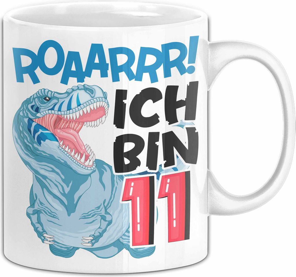 11. Geburtstag Geschenk Tasse Becher Jungs Dino T-Rex Roaarrr Ich Bin 11 (Weiß)