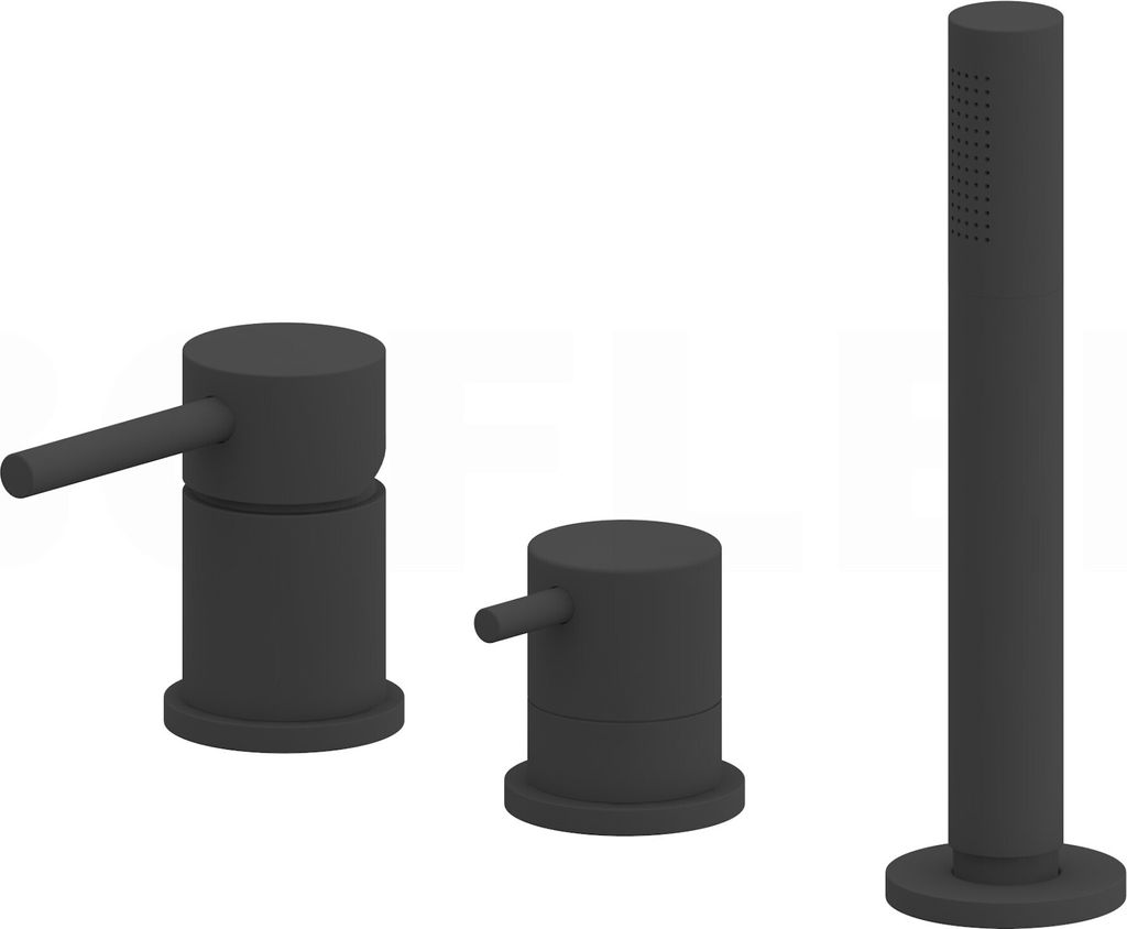 BOFLER Design 3-Loch Wannenrandarmatur "B6", für Badewanne, Umsteller, Handbrause, Einhebelmischer, Flexschläuche, matt schwarz