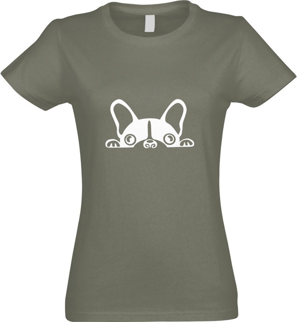 Kiwistar - T-Shirt tailliert - Damen - Olive - Halbe Französische Bulldogge - mit Motiv Bedruckt - Funshirt Design - Sport - Freizeit - Damen - XXL