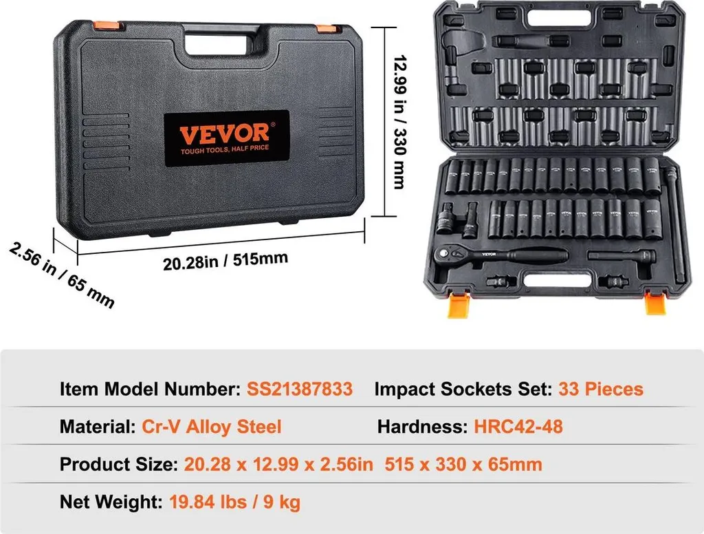 Set di bussole a impatto da 1/2", set di bussole da 33 pezzi SAE 3/8"-1" e metriche 10-24 mm, acciaio legato Cr-V a 6 punte per riparazioni auto, marcature delle dimensioni di facile lettura, struttura robusta, custodia inclusa - 7