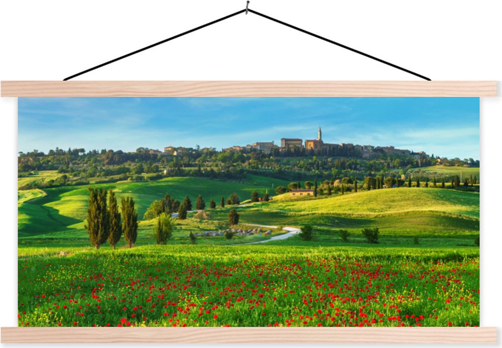 MuchoWow Textilposter Toskana - Landschaft - Blumen 120x60 cm mit holzfarbenen Rahmen - Klemmleiste