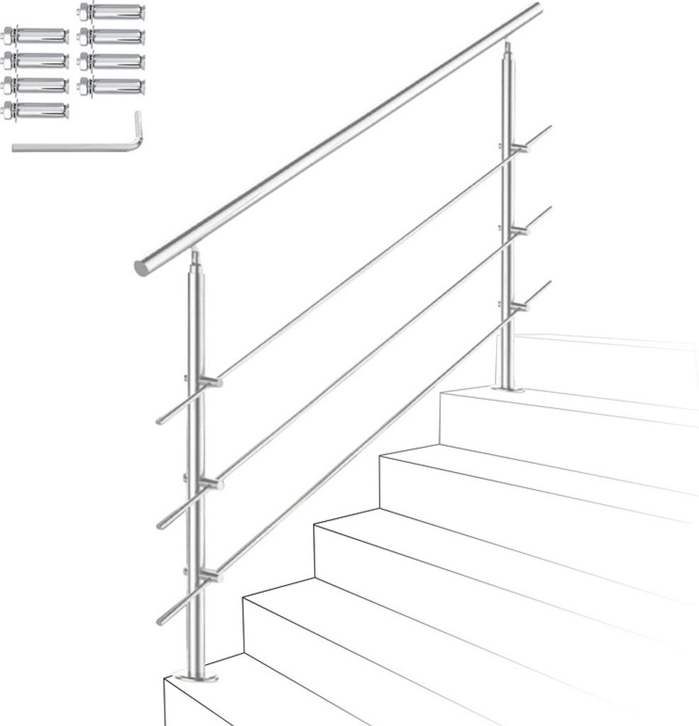 Jopassy Edelstahl-Handlauf Geländer für Treppen Brüstung Balkon mit/ohne Querstreben (160cm, 3 Querstreben)