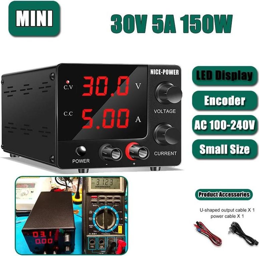 Mini DC Labor-Netzteil - SPS-E305 - Spannung 0–30 V Einstellbar - Strom 0–5 A - Leistung 150 W - LED-Display - Weitbereichseingang 120–370 VAC