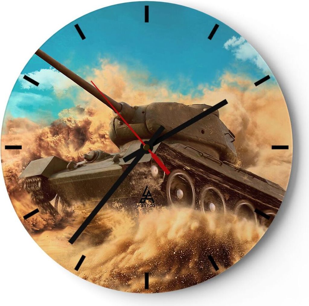Wanduhr - Rund - Glasuhr - Panzer Poligon Feld - 30x30cm - Schleichendes Uhrwerk - Lautlos - zum Aufhängen bereit - Dekoration Modern - Wanddekora...
