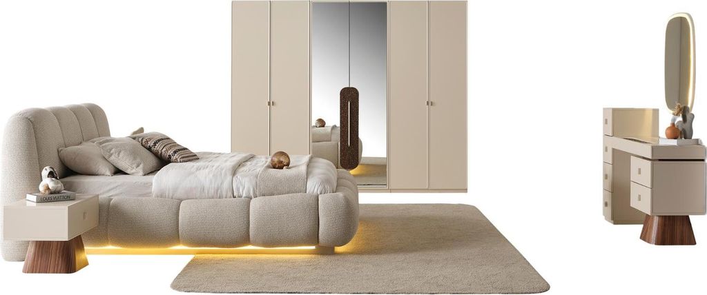Schlafzimmer Set Crown Creme Walnussoptik, Set:Typ-1