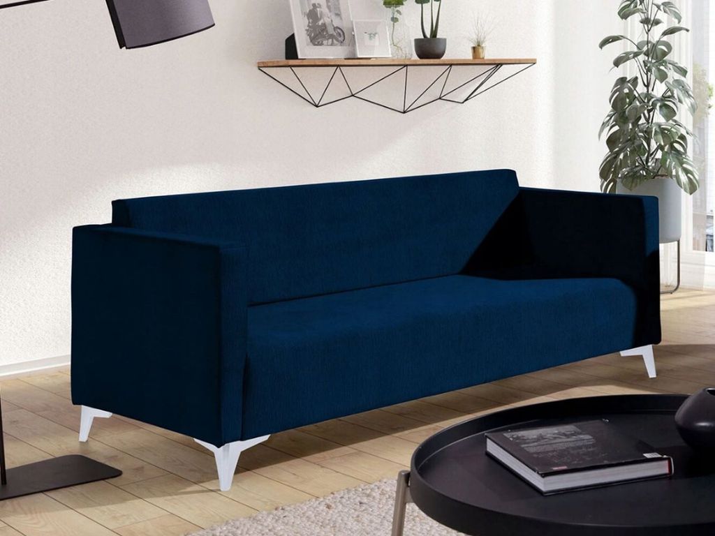 Dreisitzer-Sofa SIMON – dunkelblau / weiße Hochglanzbeine