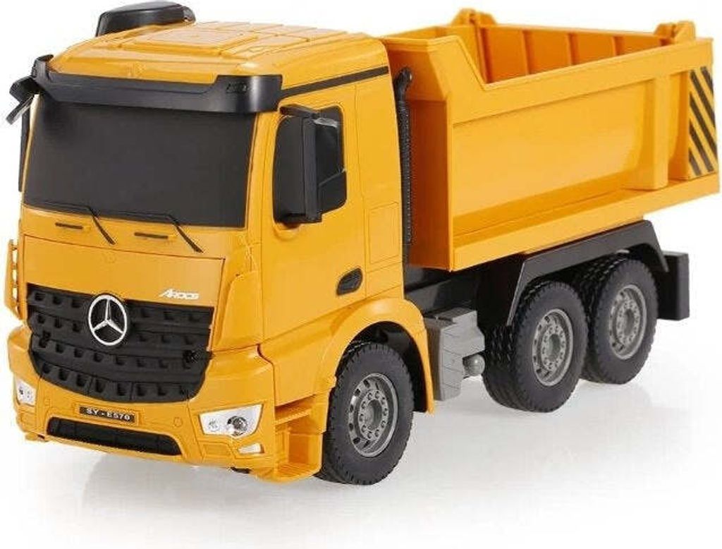 A yellow Mercedes-Benz dump truck toy is shown from a slight angle against a white background.