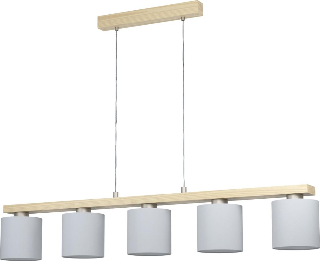 EGLO Pendelleuchte Castralvo, 5 flammige Hängelampe, Hängeleuchte aus Stahl in Nickel-Matt, Holz in Braun und Textil in Weiß, Esstischlampe, E27