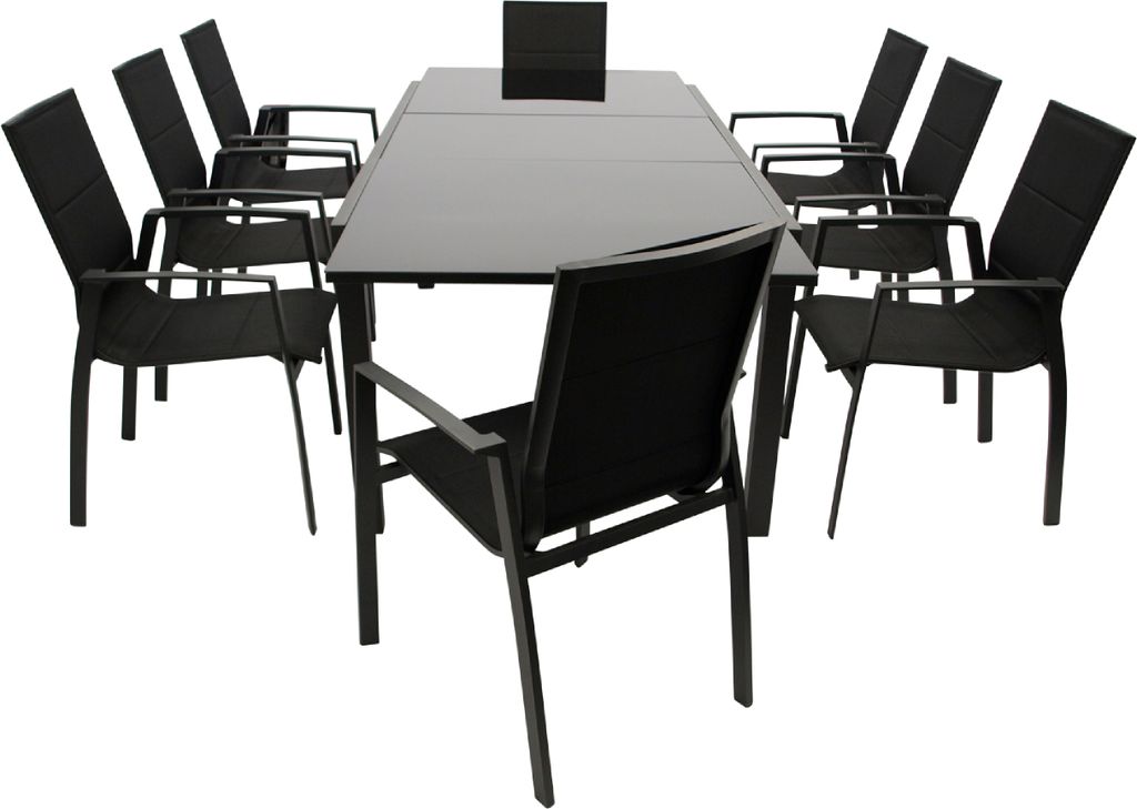 TPFGarden GARTEN-GARNITUR Ashford - 9-teilige Garten-Essgruppe (8x Stapelsessel, Aluminium + Kunstgewebe schwarz, 1x Ausziehtisch 180/240x100cm, Al...