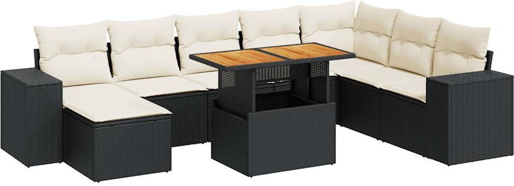 9-tlg. Garten-Sofagarnitur mit Kissen Schwarz Poly Rattan