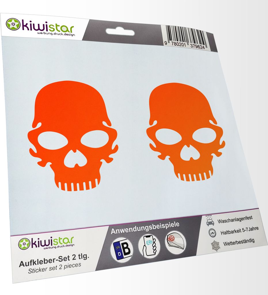 Kiwistar - 2x Kennzeichenaufkleber - neonorange - 21 mm Totenkopf - Totenschädel - Kennzeichen Aufkleber Sticker Nummernschild