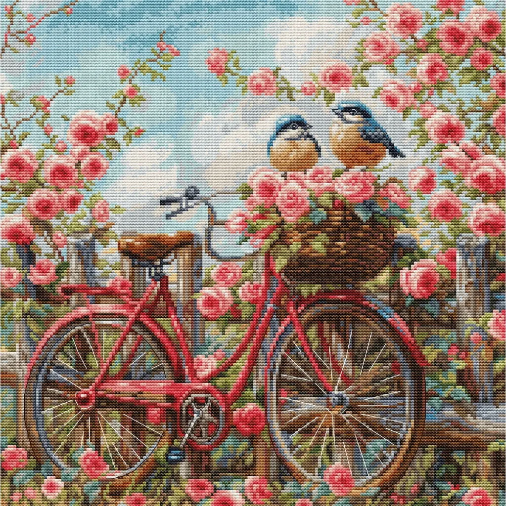 Broderie Point de Croix Vélo Roses : Kit Complet Déco Murale 29x29cm