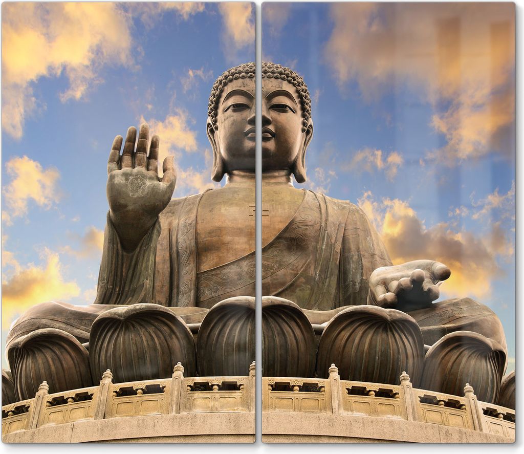 DEQORI Herdabdeckplatte Glas 2-tlg 'Buddha über Hongkong' Abdeckplatte Küche Glaskeramikkochfeld Herd