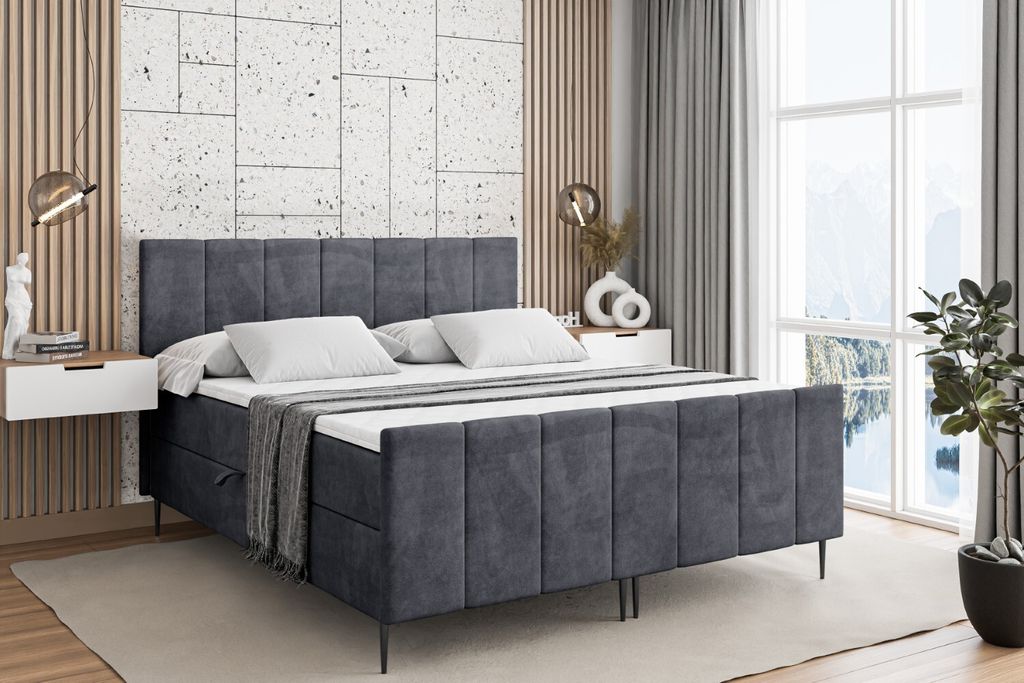 ALTDECOR Boxspringbett mit Schwarz Füßen, Matratze und Lattenrost, Topper, Fußteil, Polsterbett mit Bettkasten, Bett mit Stauraum H3-Matratze, D...