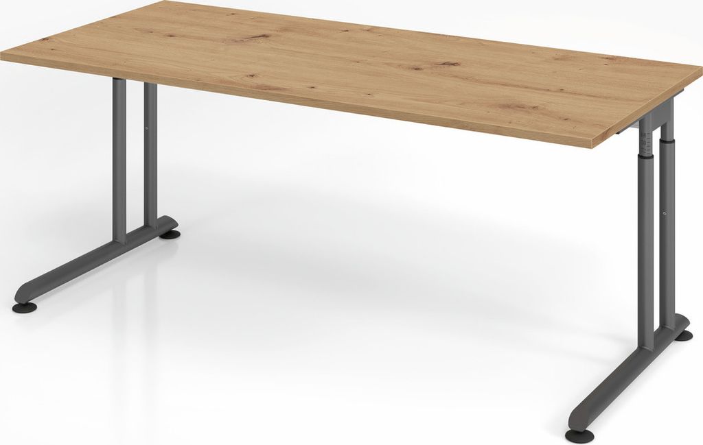 Schreibtisch Nilo | Asteiche | Graues Gestell | BxT 180x80cm | Arbeitshöhe 68-82cm | höhenjustierbar, 1cm Raster | C-Fuß-Gestell | Rechteckform