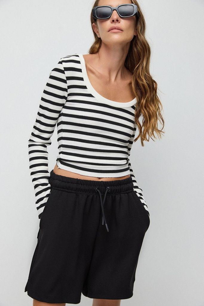 Gestreifte Basic-Langarmbluse, Black White, M